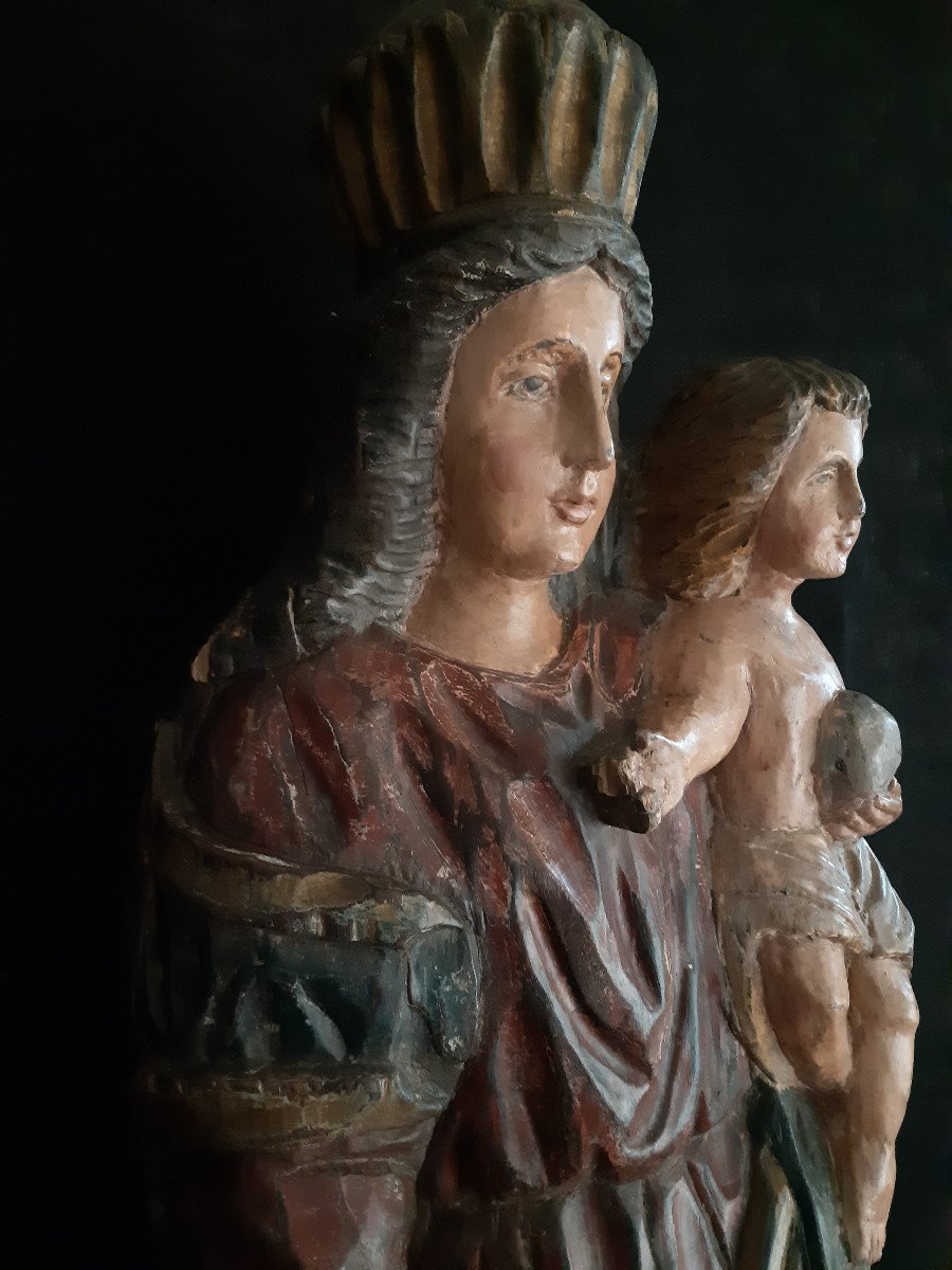 Grande Vierge à l'Enfant En Bois Sculpté, Début XIX ème  (H 107 Cm)-photo-1