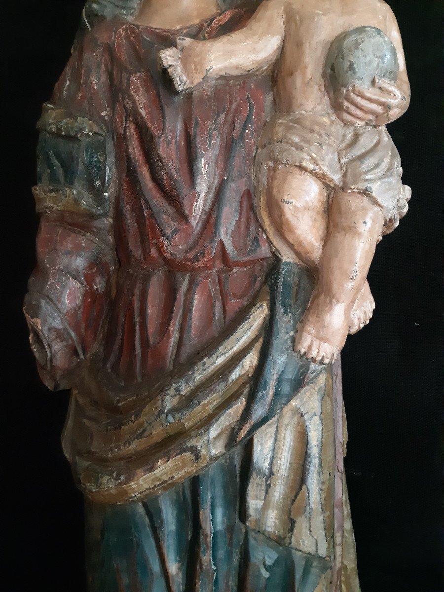 Grande Vierge à l'Enfant En Bois Sculpté, Début XIX ème  (H 107 Cm)-photo-2
