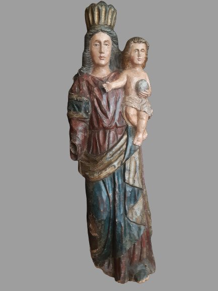 Grande Vierge à l'Enfant En Bois Sculpté, Début XIX ème  (H 107 Cm)