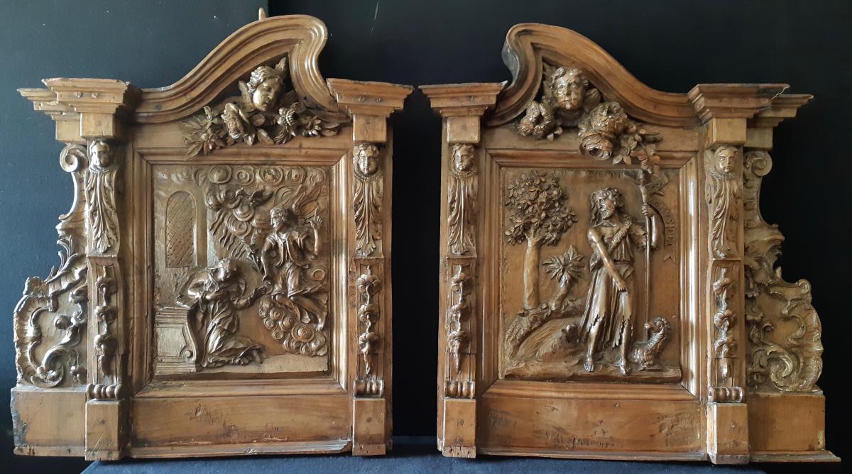 Eléments De Retable En Noyer Sculpté XVIIème (H 100 Cm / L 62 Cm Chacun)-photo-2