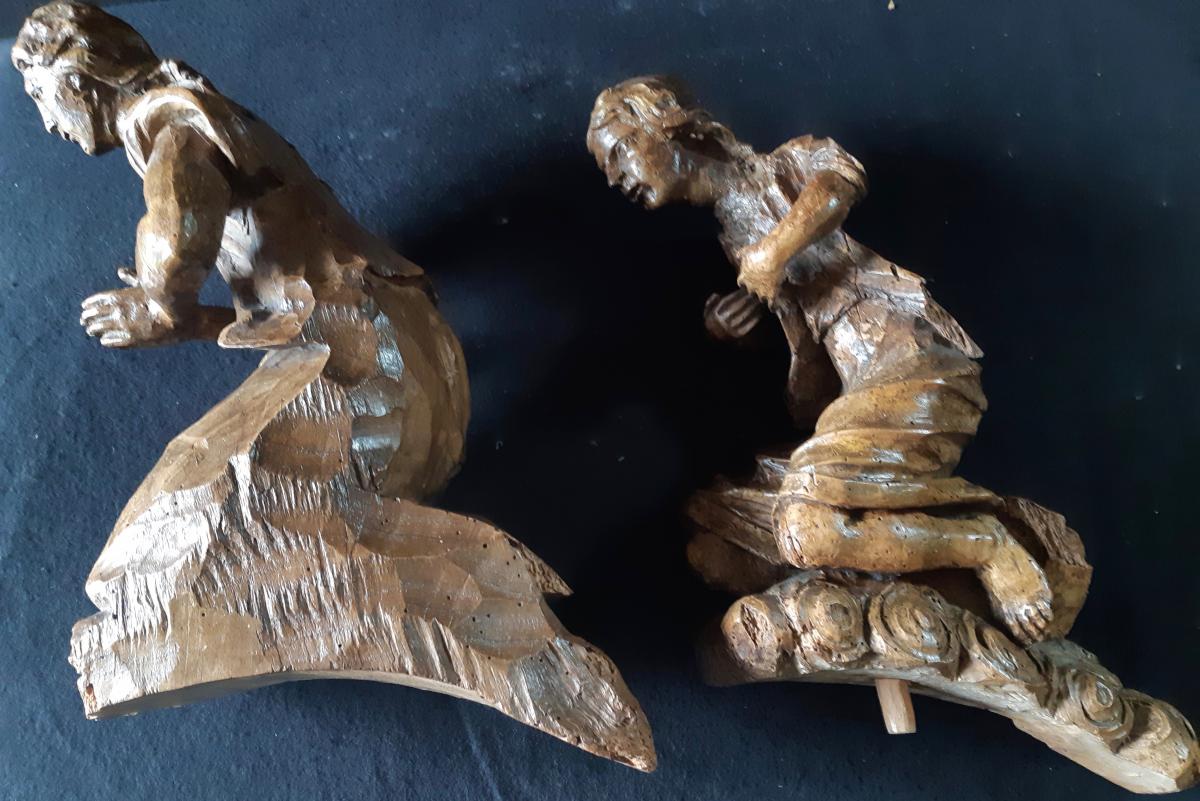 Eléments De Retable En Noyer Sculpté XVIIème (H 100 Cm / L 62 Cm Chacun)-photo-7