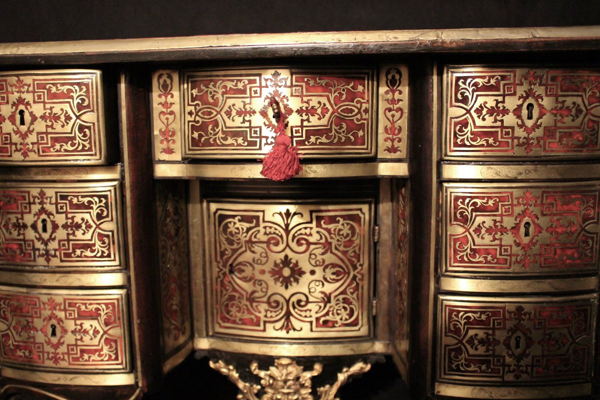 Rare Petit bureau  en marqueterie Boulle Epoque Louis XIV début XVIIIème  en placage d'écaille rouge et laiton (L85 cm / H 82 cm)-photo-2