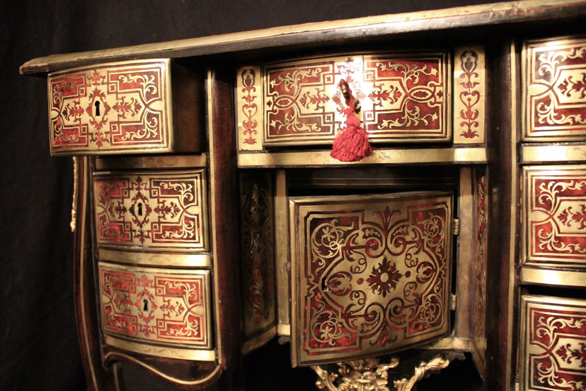 Rare Petit bureau  en marqueterie Boulle Epoque Louis XIV début XVIIIème  en placage d'écaille rouge et laiton (L85 cm / H 82 cm)-photo-3