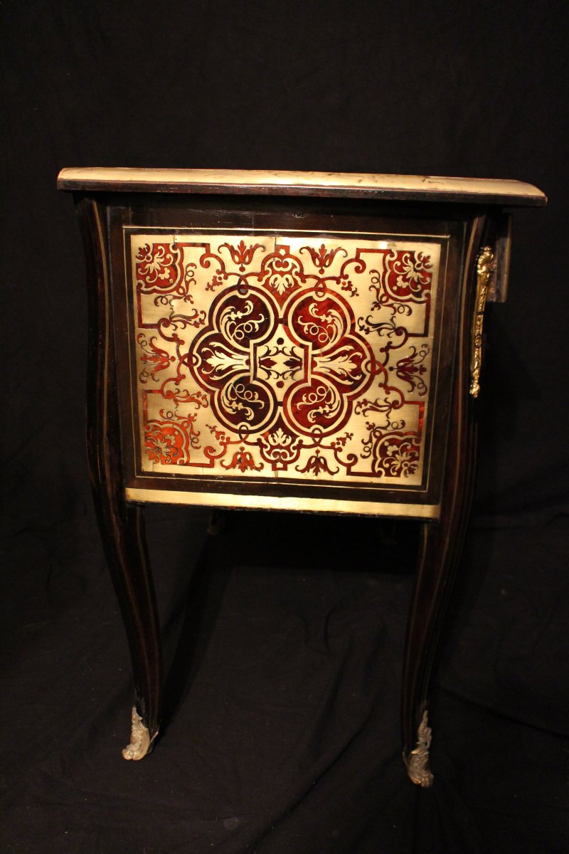 Rare Petit bureau  en marqueterie Boulle Epoque Louis XIV début XVIIIème  en placage d'écaille rouge et laiton (L85 cm / H 82 cm)-photo-5