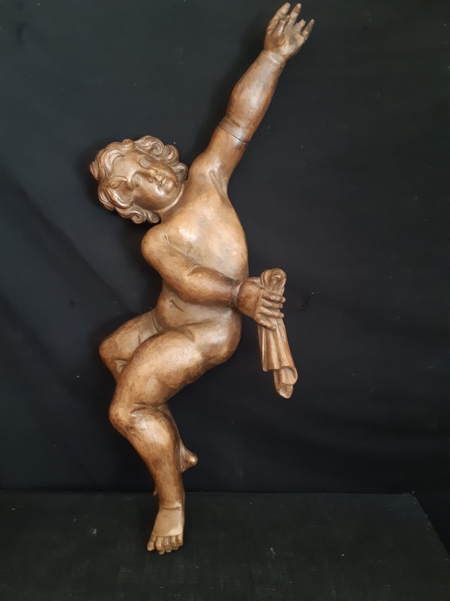 Paire d'Anges En Bois Sculpté XVIIème ( L 102 Cm)-photo-3