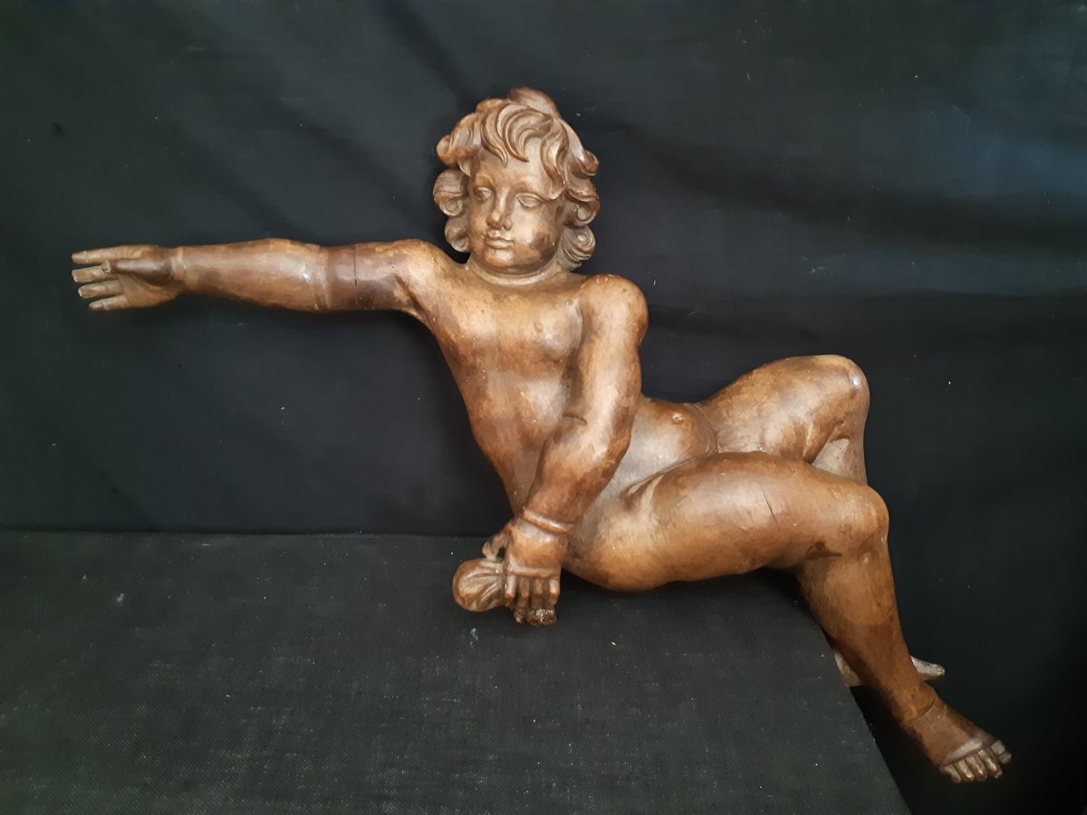 Paire d'Anges En Bois Sculpté XVIIème ( L 102 Cm)-photo-2