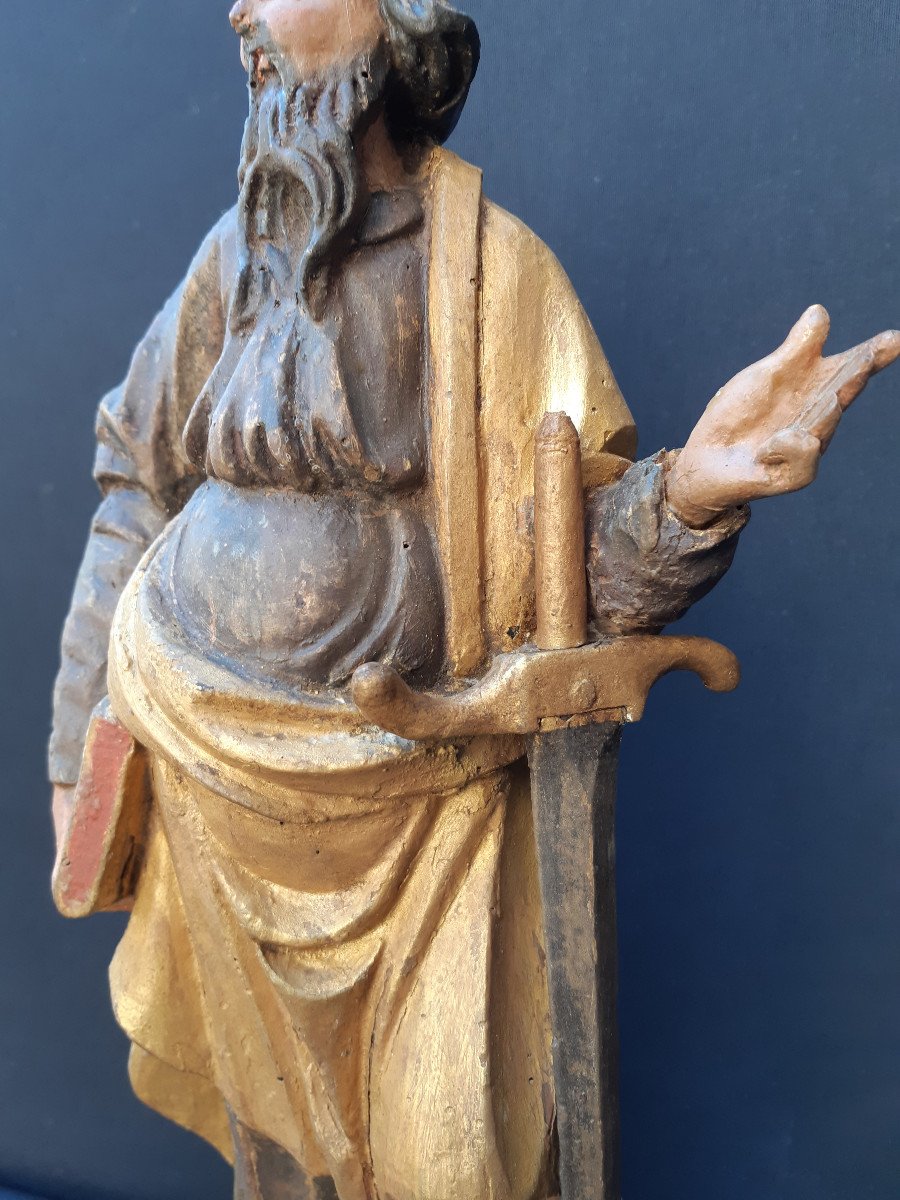 Saint Paul, Sculpture Bois Polychromé Seconde Moitié Du  XVIIème (H 33 Cm Sans Socle)-photo-4