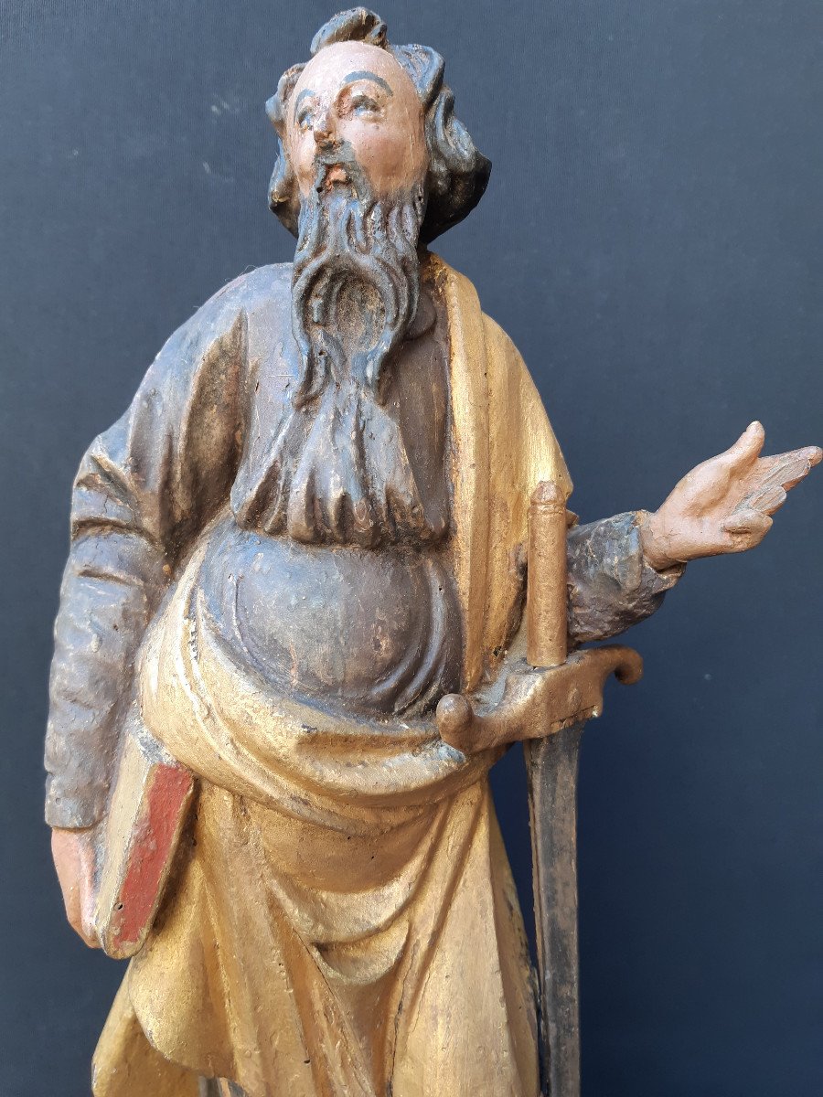 Saint Paul, Polychromed Wood Sculpture Second Half Of The XVIIth Century (h 33 Cm Without Base)-photo-1