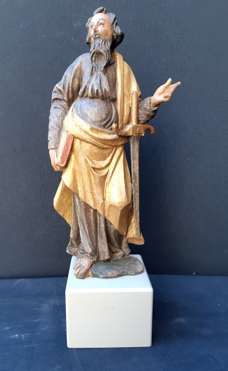 Saint Paul, Sculpture Bois Polychromé Seconde Moitié Du  XVIIème (H 33 Cm Sans Socle)