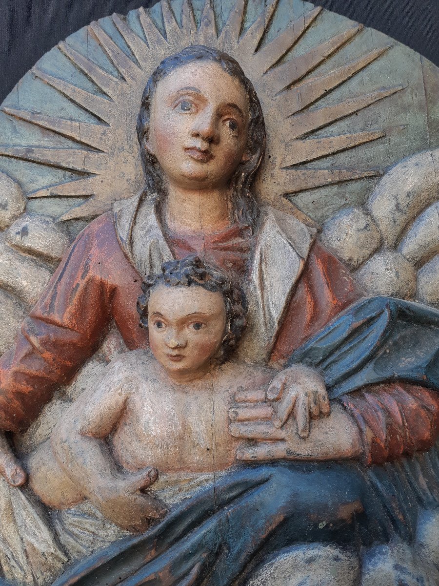 Ecole Allemande Fin XVIIIè Début XIXè :  Grand Tondo De Vierge à l'Enfant  (H 60 Cm L 57 cm)-photo-2