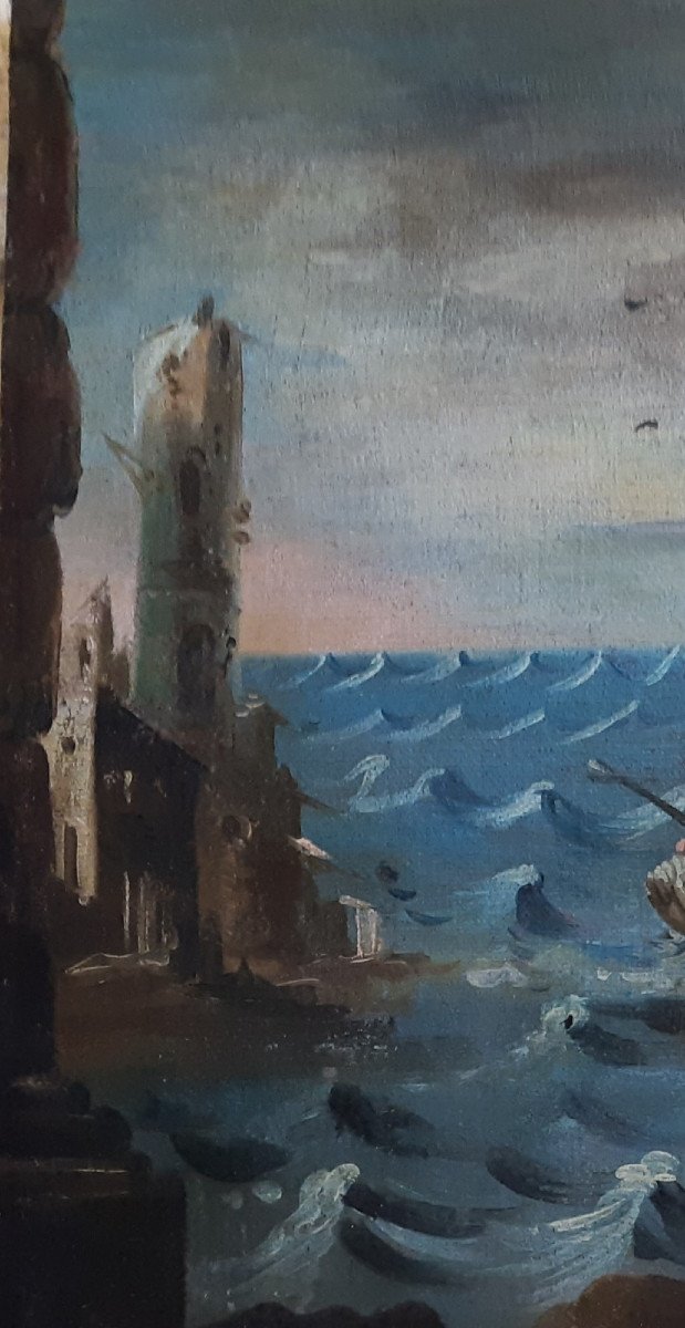 Ecole Italienne début XVIIIème  Pêcheurs en mer (H 58 / L 70 cm)-photo-1