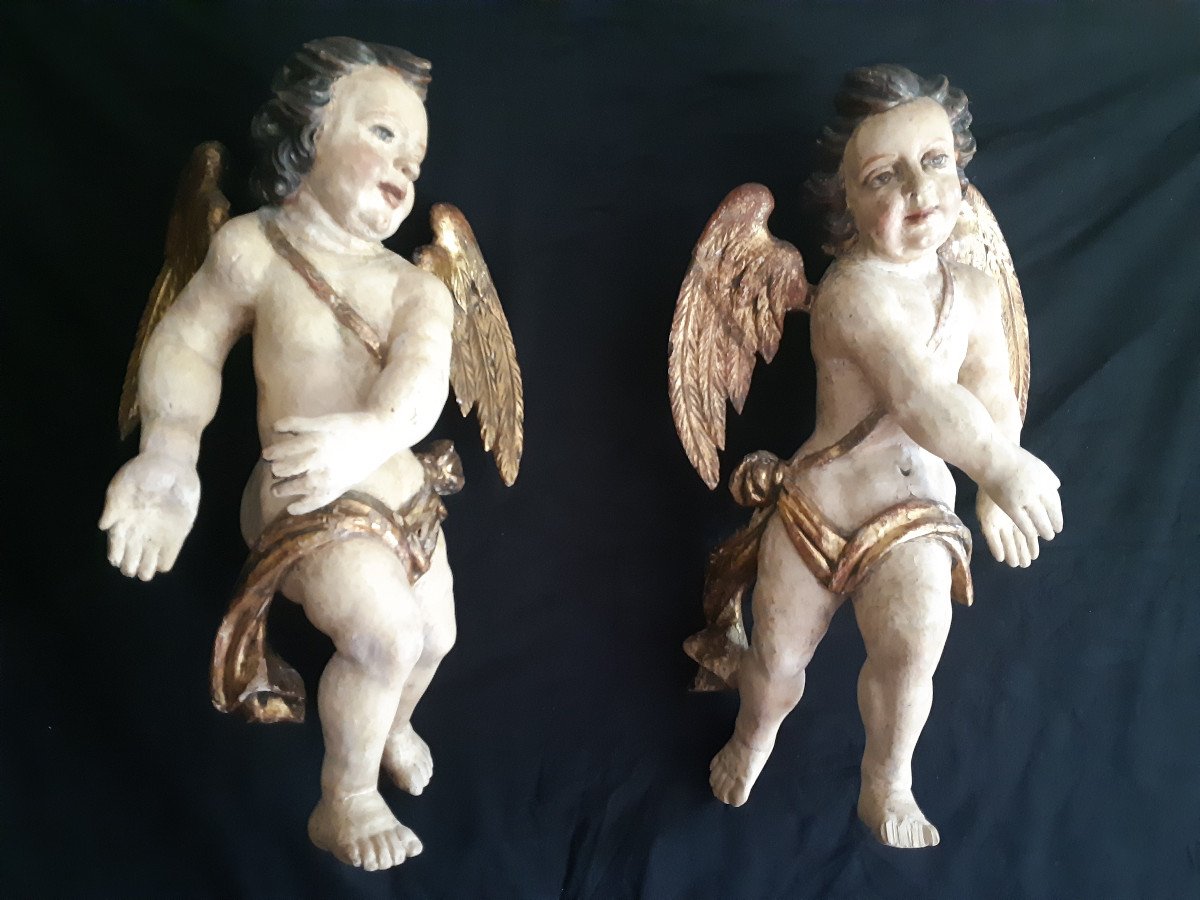 Large Pair Of Angels In Polychromed And Gilded Carved Wood, Spain XVII (h 68 Cm)-photo-2