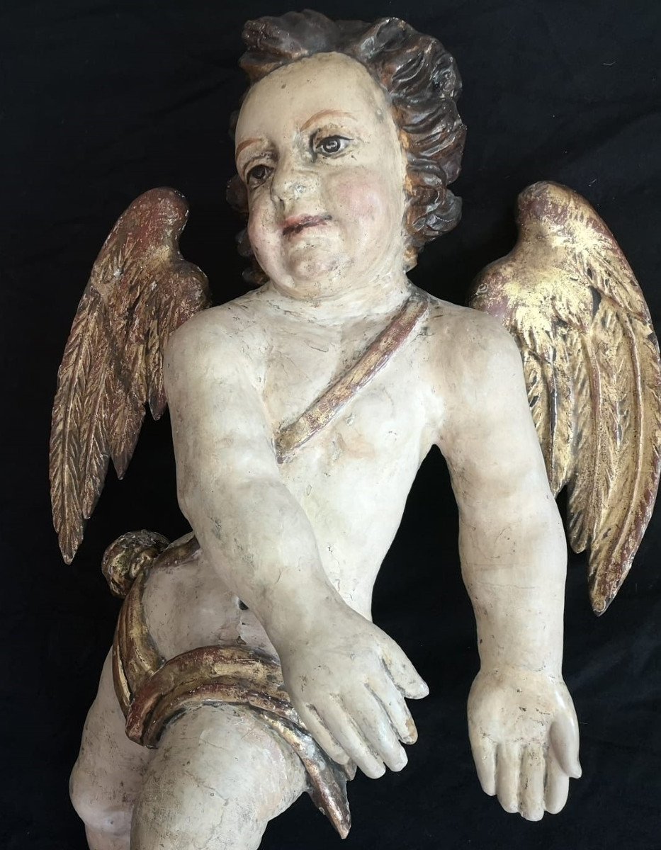 Grande Paire d'Anges En Bois Sculpté Polychromé Et Doré,  Espagne  XVIIème  ( H 68 Cm )-photo-4