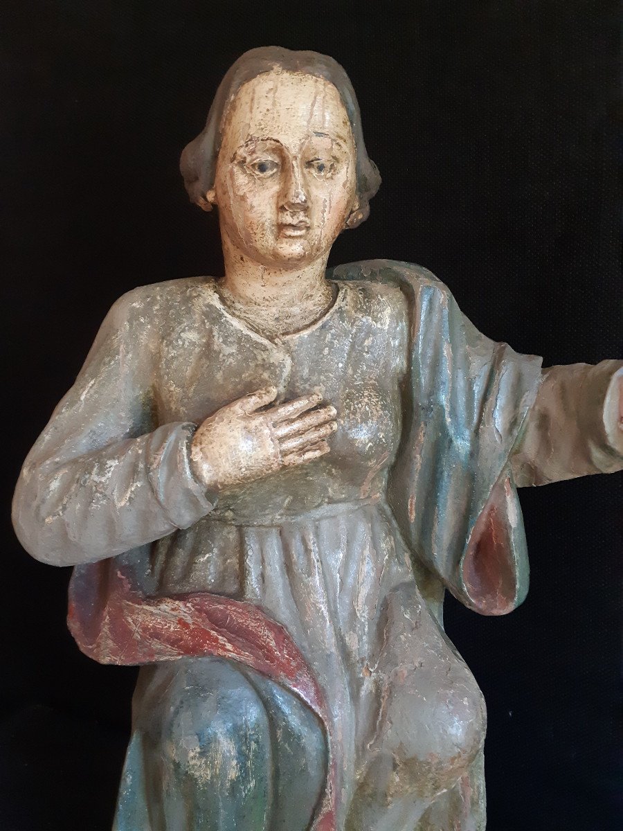 French School Early XIXth, Virgin Of The Annunciation In Polychromed Carved Wood (h 54 Cm)-photo-2