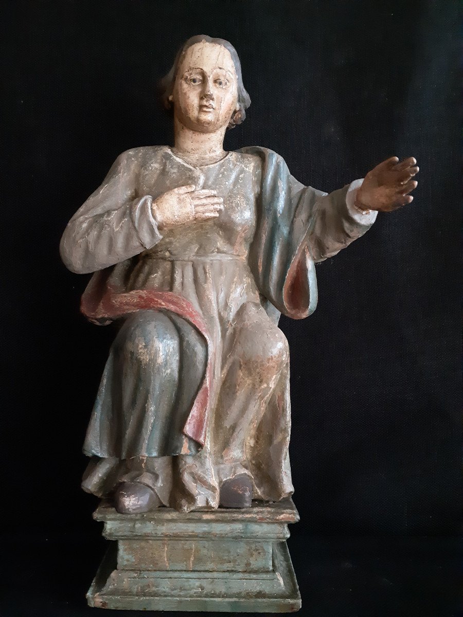 French School Early XIXth, Virgin Of The Annunciation In Polychromed Carved Wood (h 54 Cm)