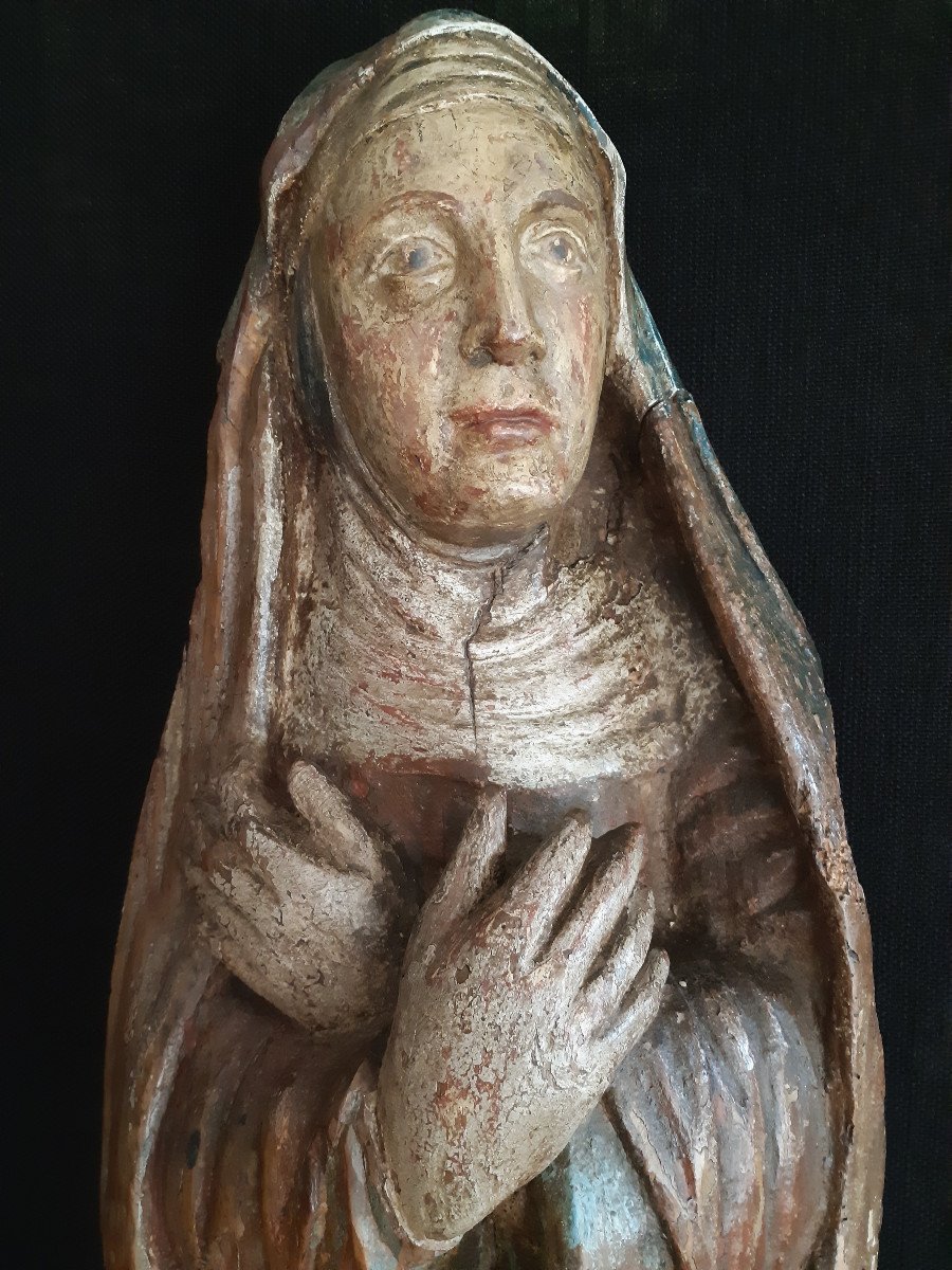 Grande Sculpture De Vierge De Calvaire En Bois Polychromé XVIème  (H109 Cm)-photo-6