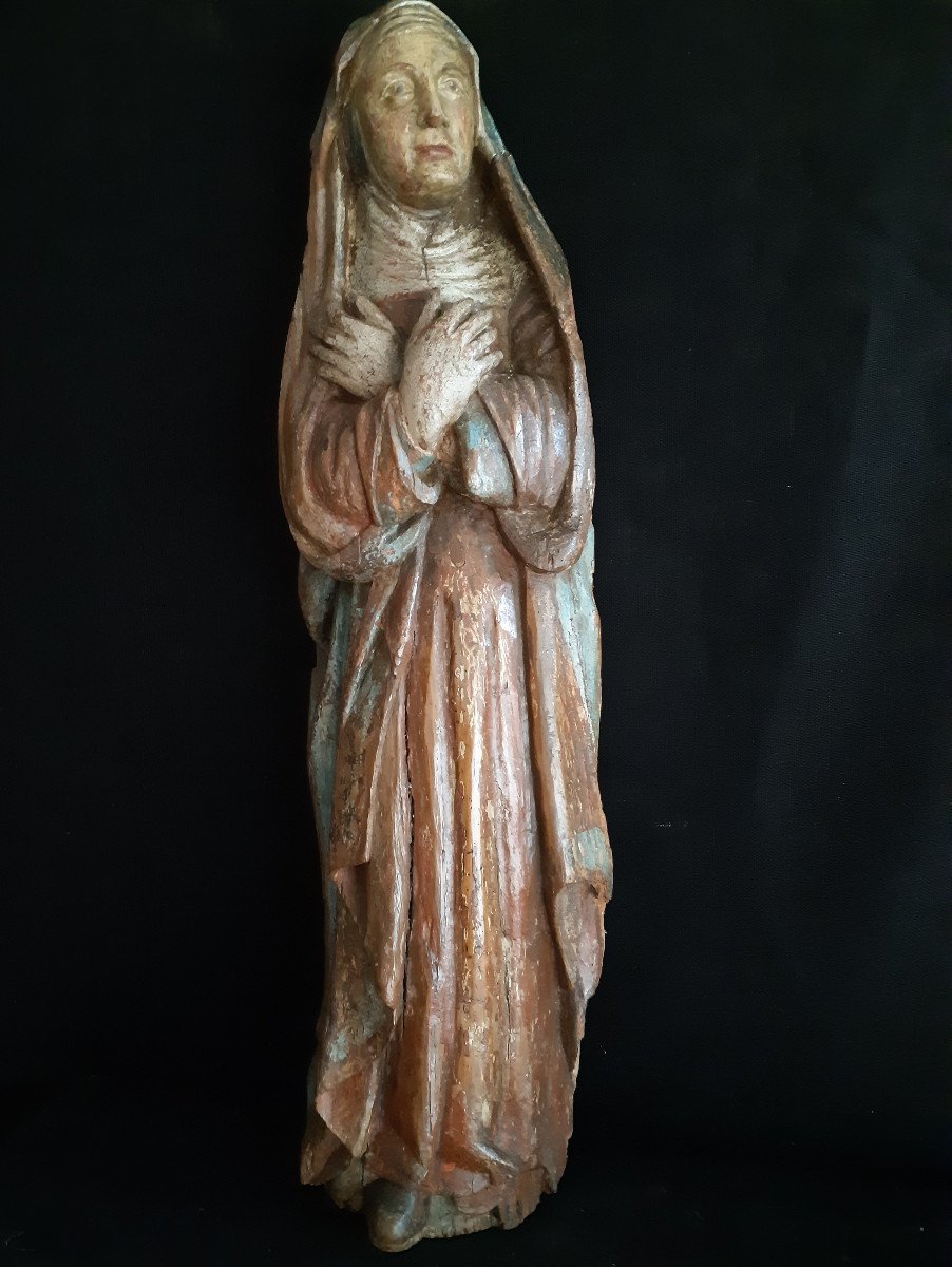 Grande Sculpture De Vierge De Calvaire En Bois Polychromé XVIème  (H109 Cm)-photo-7