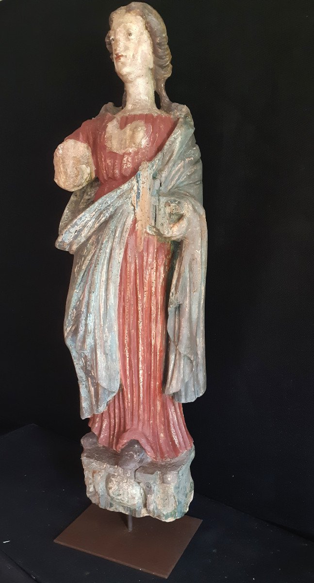 Large Wooden Sculpture Representing Saint Agnes, End Of The 17th Century (h 97 Cm)-photo-3