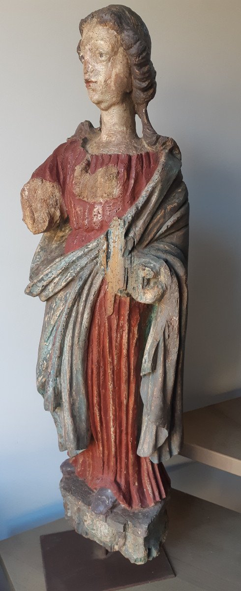 Large Wooden Sculpture Representing Saint Agnes, End Of The 17th Century (h 97 Cm)-photo-4