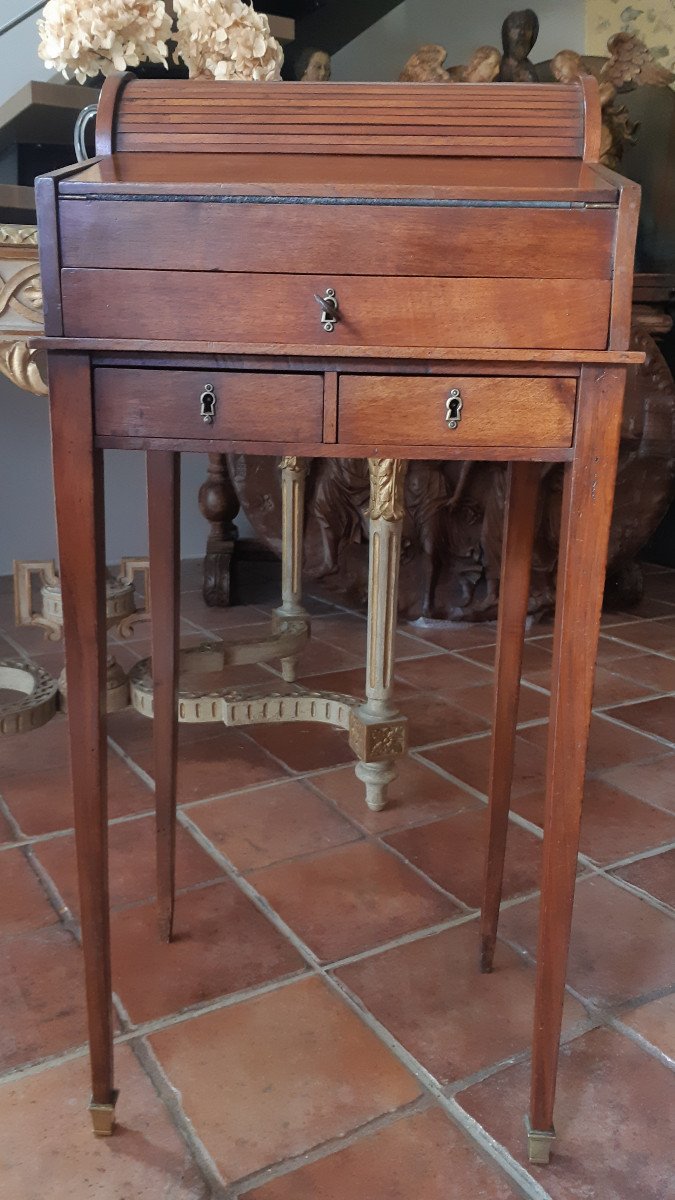 Petit Bureau écritoire en acajou Style Louis XVI,  XIXème à Rideau Articulé (H 85 Cm)-photo-8