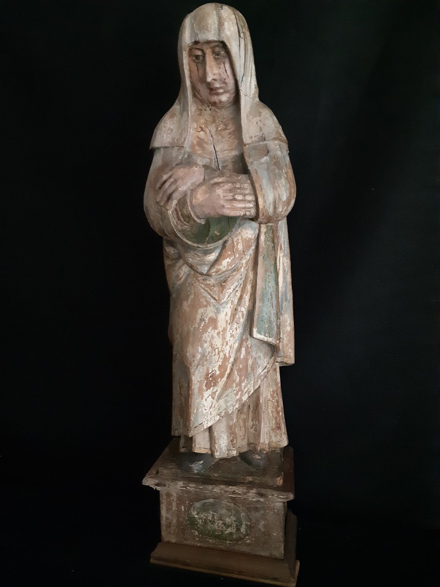 France End XVth, Virgin Of Calvary In Polychromed Wood (h 90 Cm)