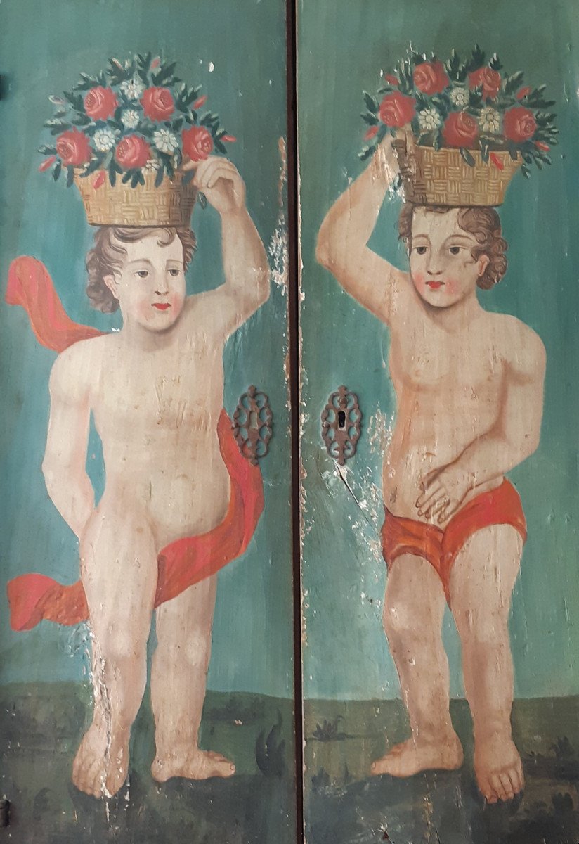 18th Century Italy, Golden Painted Cabinet With Putti Decor (h 160 Cm)-photo-3