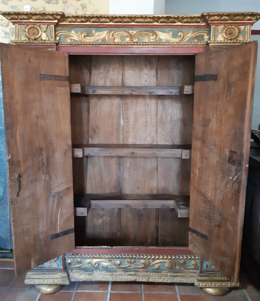 18th Century Italy, Golden Painted Cabinet With Putti Decor (h 160 Cm)-photo-4
