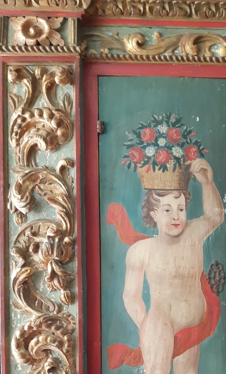 18th Century Italy, Golden Painted Cabinet With Putti Decor (h 160 Cm)-photo-2