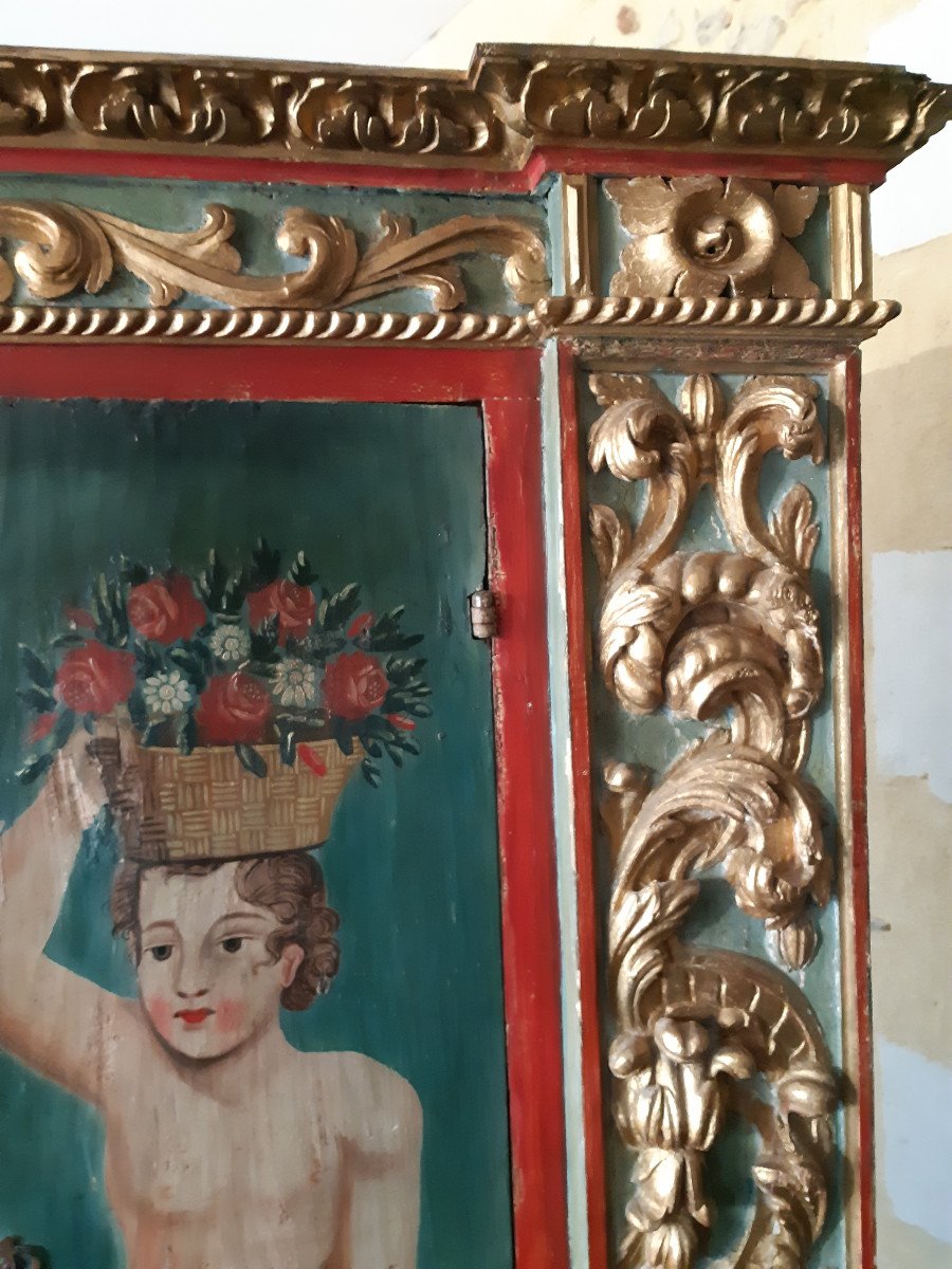 18th Century Italy, Golden Painted Cabinet With Putti Decor (h 160 Cm)-photo-6