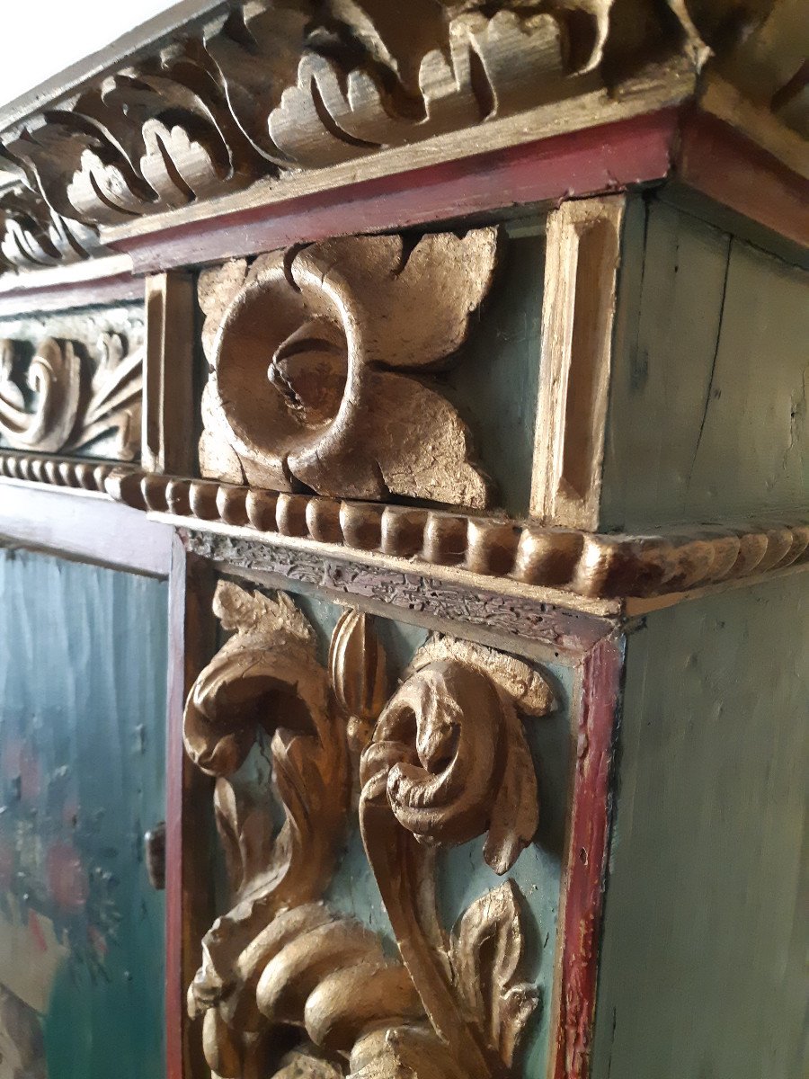 18th Century Italy, Golden Painted Cabinet With Putti Decor (h 160 Cm)-photo-7