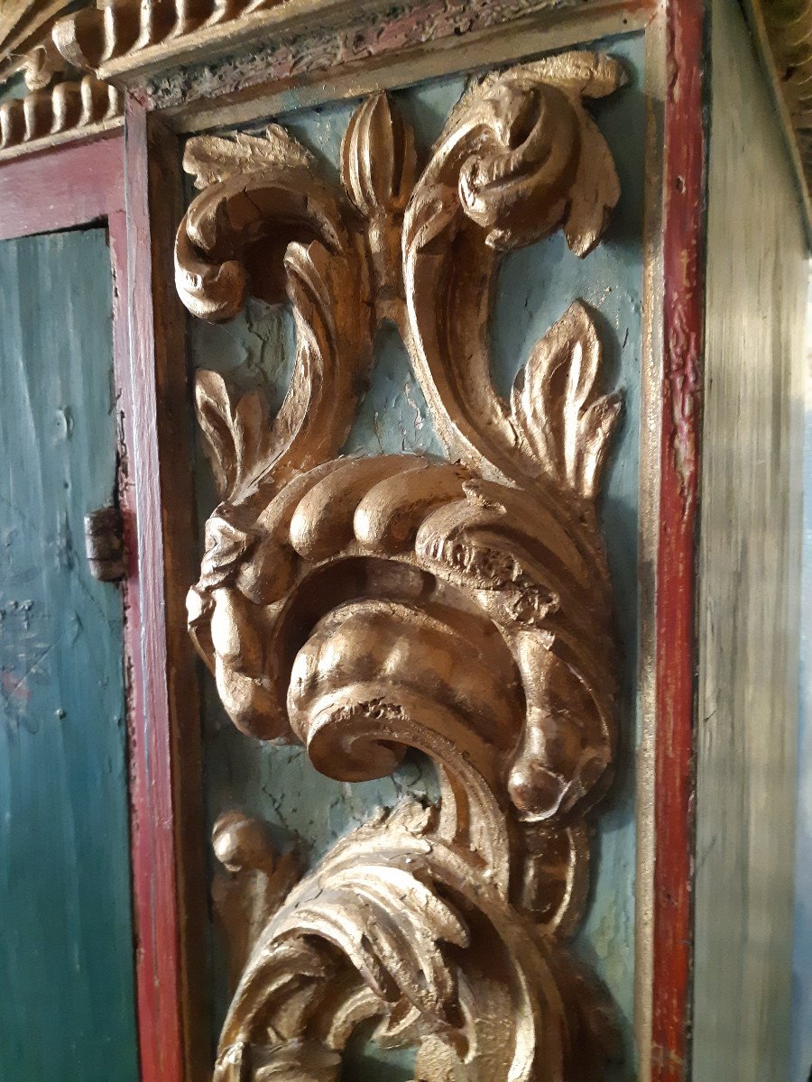 18th Century Italy, Golden Painted Cabinet With Putti Decor (h 160 Cm)-photo-8