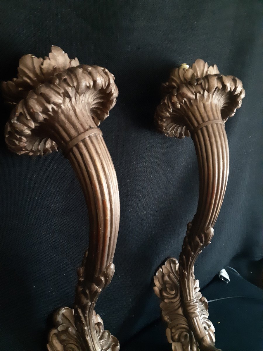 Pair Of Electrified Sconces In Golden Wood Early Twentieth H 61 Cm W 18 Cm-photo-3