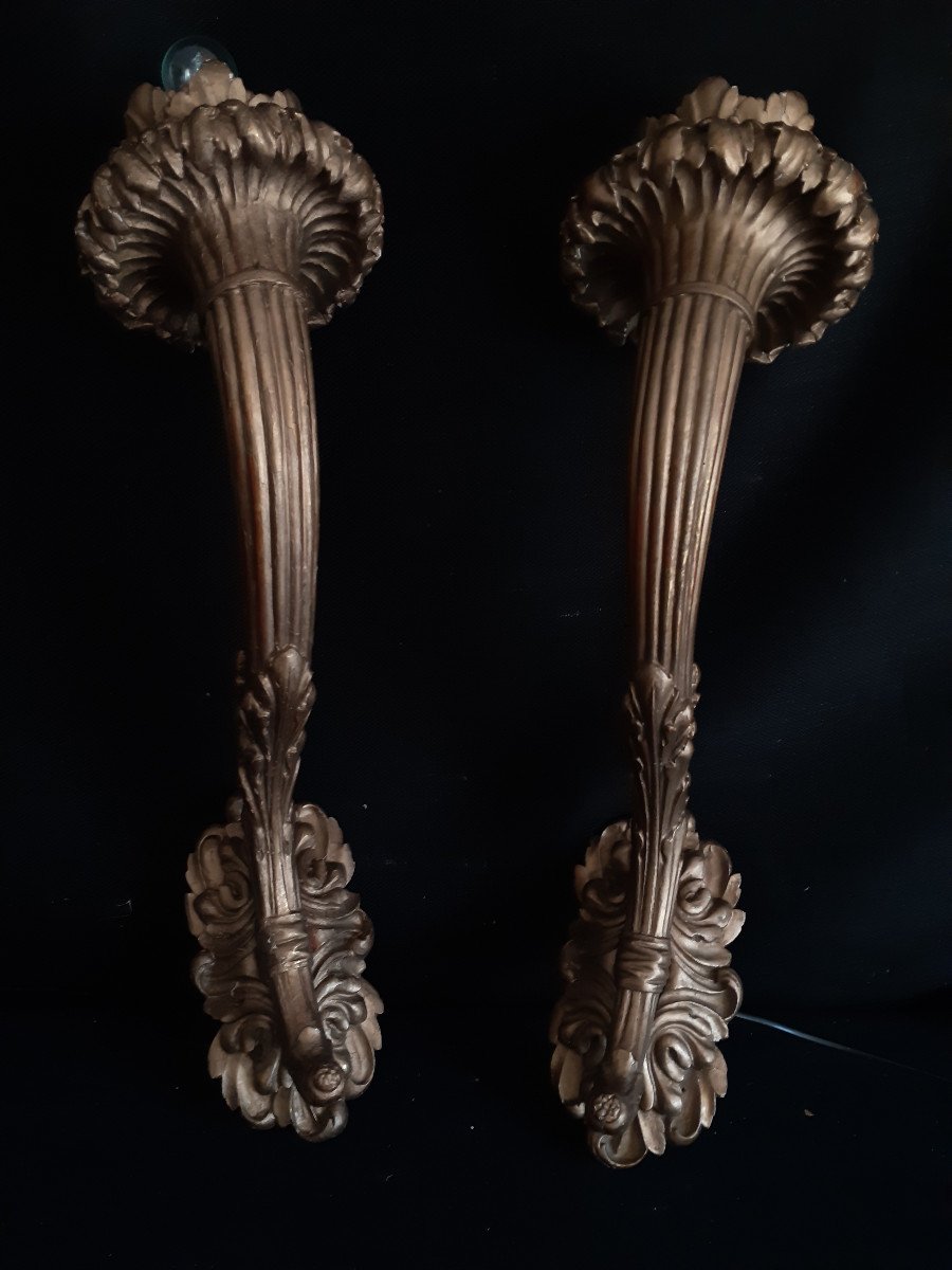 Pair Of Electrified Sconces In Golden Wood Early Twentieth H 61 Cm W 18 Cm-photo-4