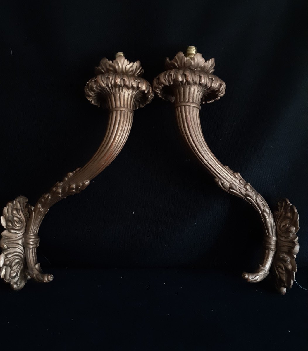 Pair Of Electrified Sconces In Golden Wood Early Twentieth H 61 Cm W 18 Cm-photo-1