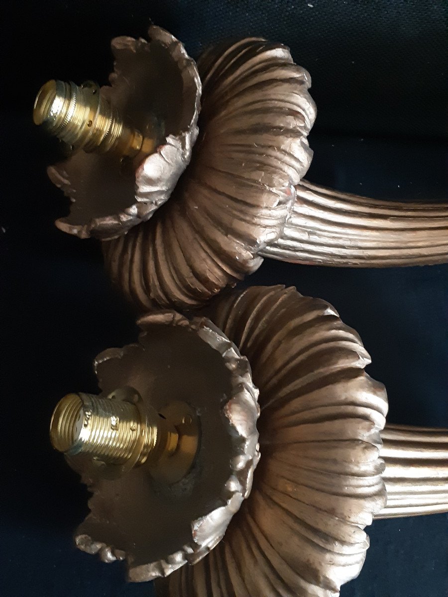 Pair Of Electrified Sconces In Golden Wood Early Twentieth H 61 Cm W 18 Cm-photo-4