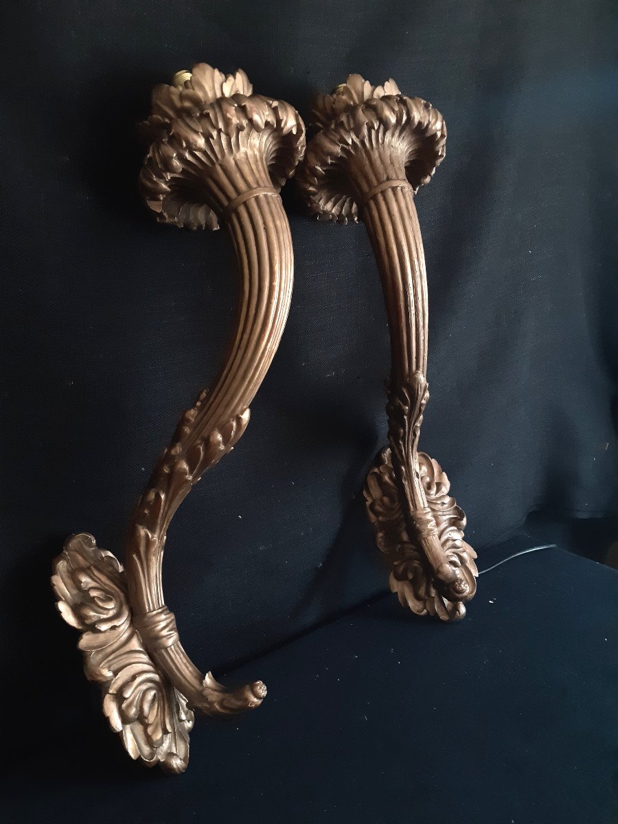 Pair Of Electrified Sconces In Golden Wood Early Twentieth H 61 Cm W 18 Cm