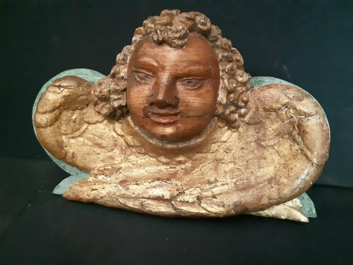 Decorative Element In Carved Wood With An 18th Century Angel Head (l 33 Cm)-photo-2