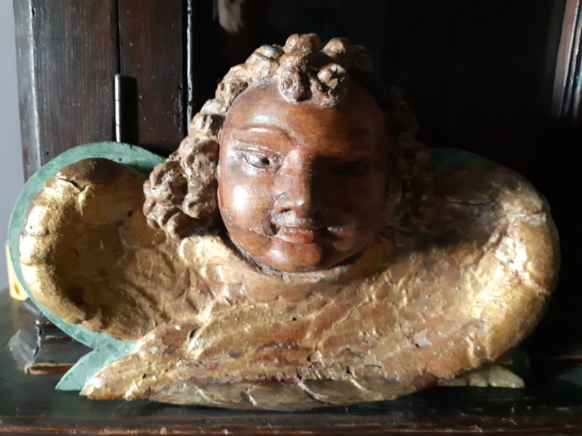 Decorative Element In Carved Wood With An 18th Century Angel Head (l 33 Cm)-photo-2