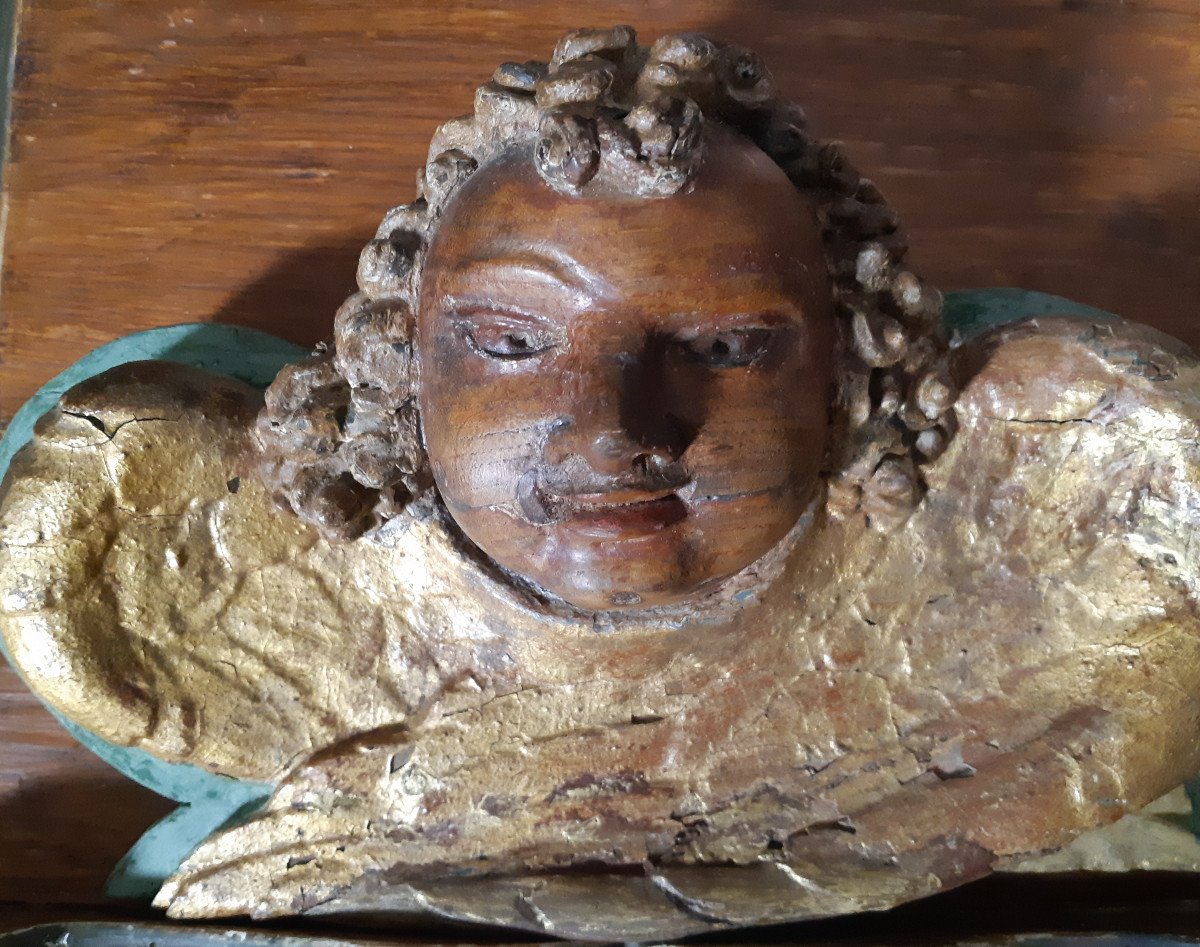 Decorative Element In Carved Wood With An 18th Century Angel Head (l 33 Cm)-photo-4
