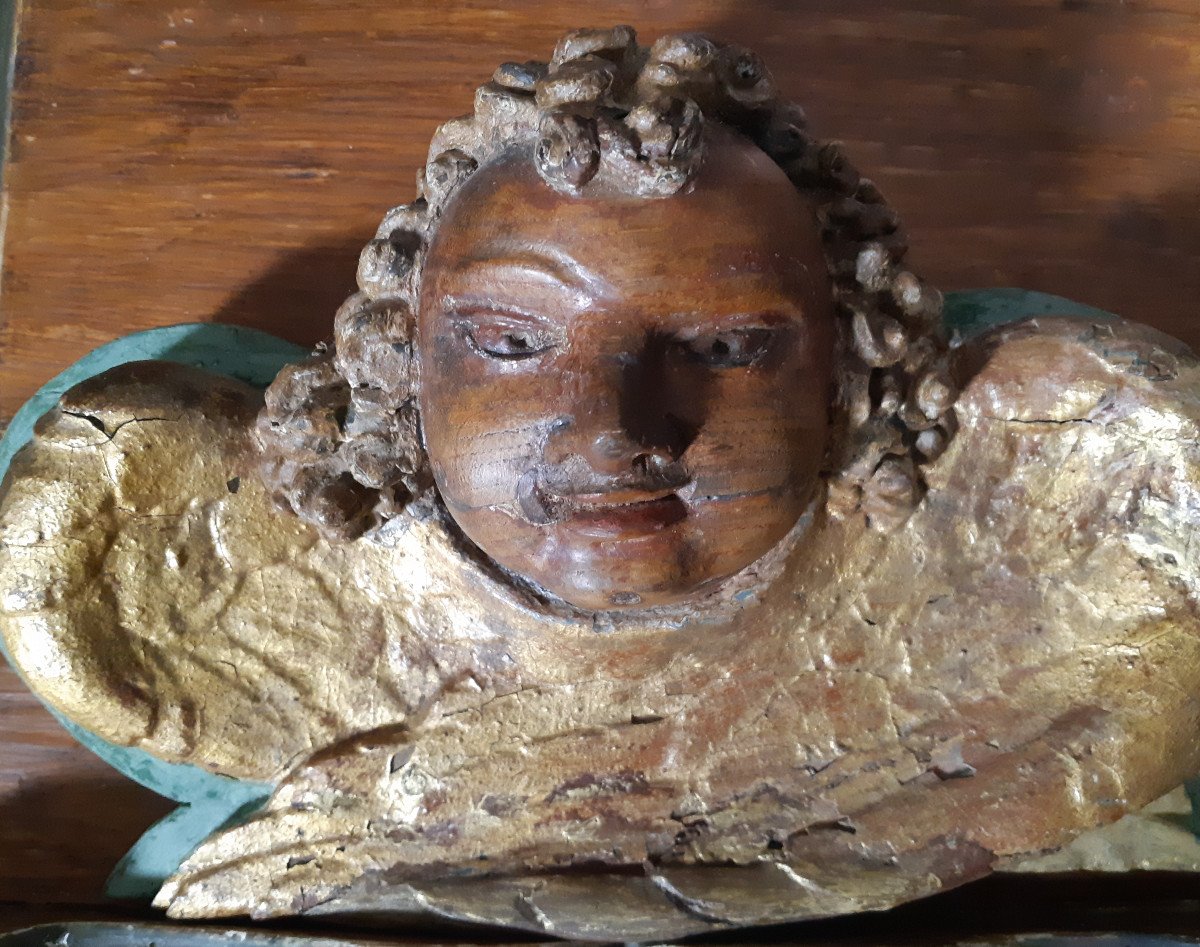 Decorative Element In Carved Wood With An 18th Century Angel Head (l 33 Cm)-photo-2