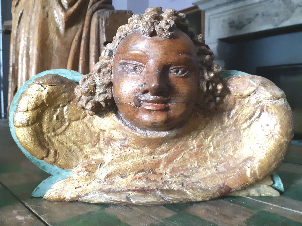 Decorative Element In Carved Wood With An 18th Century Angel Head (l 33 Cm)