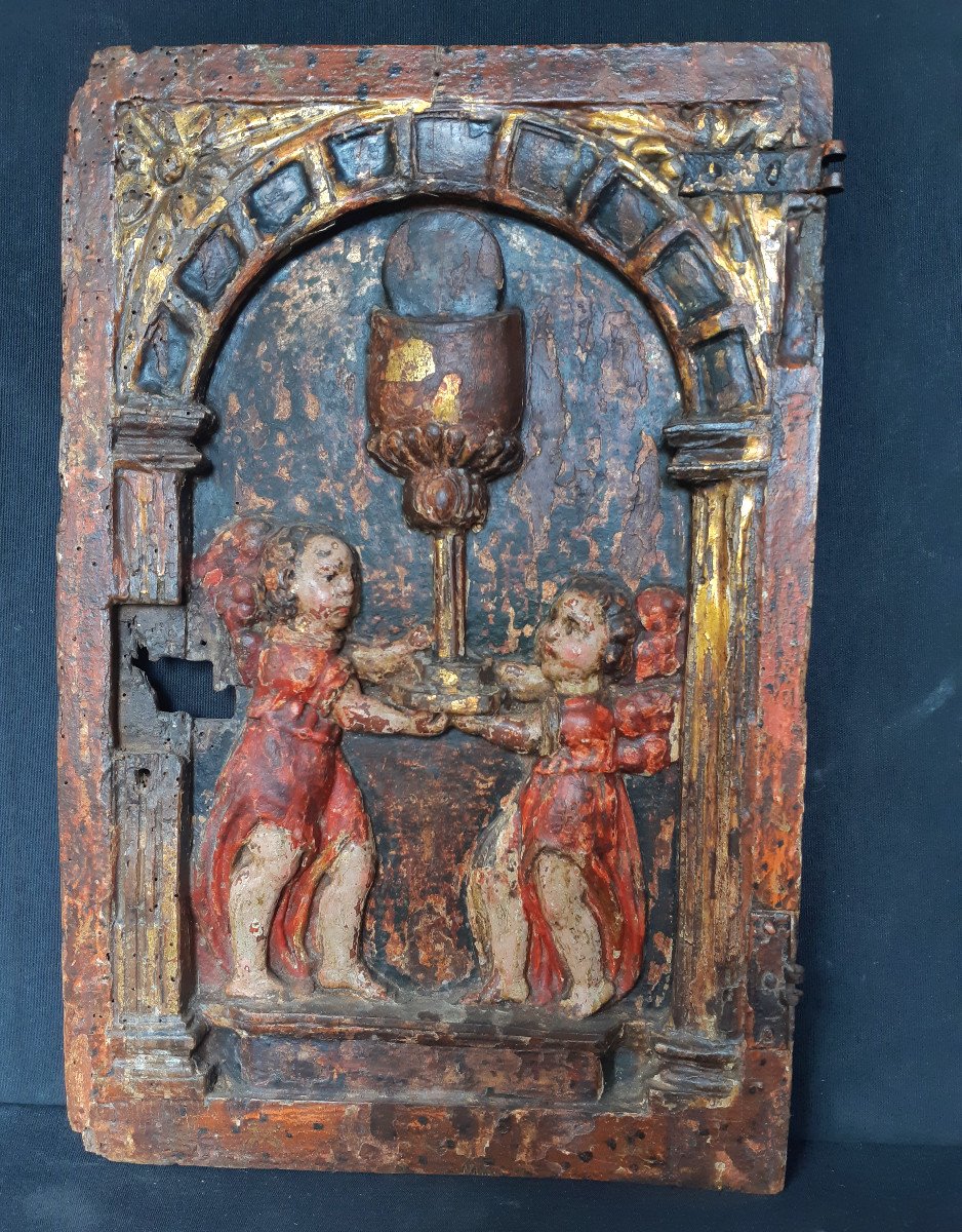 Tabernacle Door Decorated With A Putti Scene, 17th Century ( H 45 X 29 Cm)
