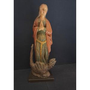 France XVIth, Sculpture Of Saint Marguerite And The Dragon H 72 Cm