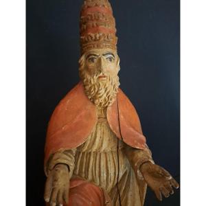 God The Father, 17th Century Polychrome Wood Sculpture (h 67 Cm)