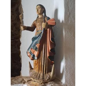 18th Century Colonial Work: Large Sculpture Of The Immaculate Conception Virgin H 76 Cm
