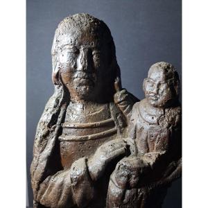 France, Auvergne 16th Century Wood  Sculpture Of Virgin And Child (h 63 Cm)