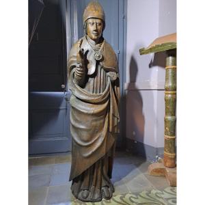 France fin XVIè, Grande sculpture d'Evêque  (H 140 cm) 