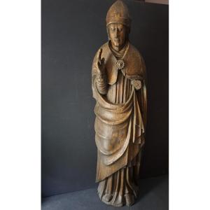France, Late 16th Century, Large Sculpture Of A Bishop (h 140 Cm)