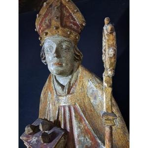 Allemagne du Sud XVIè, Grande sculpture en bois polychromé de St Nicolas (H 87 cm)