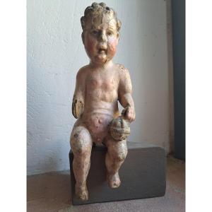 France, Early 18th Century, Sculpture Of The Infant Jesus Holding A Globe, H 24 Cm